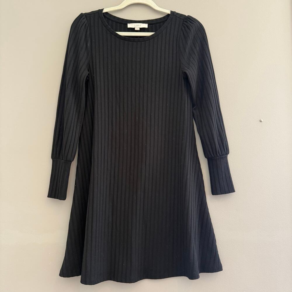 Loft XXS Black Ribbed Swing Dress Puff Sleeve & Crew Neck